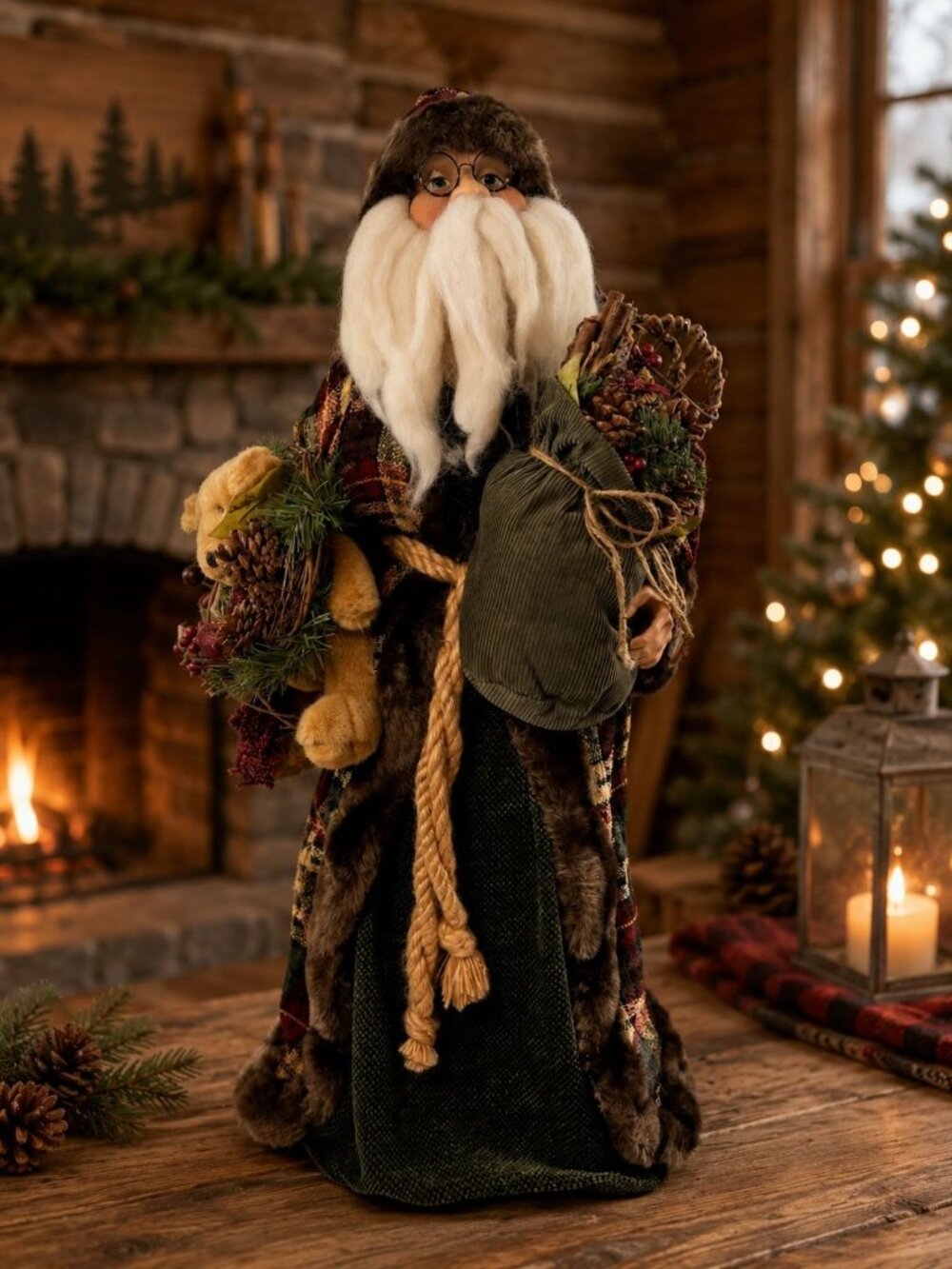 Vintage  Dan Dee Santa Claus 33" Doll In Plaid Coat With Teddy & Festive Accents